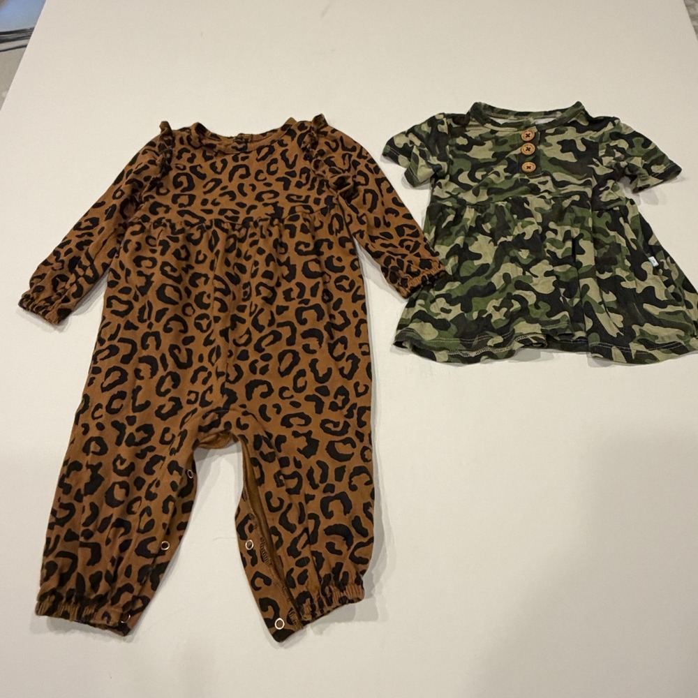 Baby Girl 6-18M Wild Child Bundle Posh Peanut Camo Dress Leopard Romper 2pc